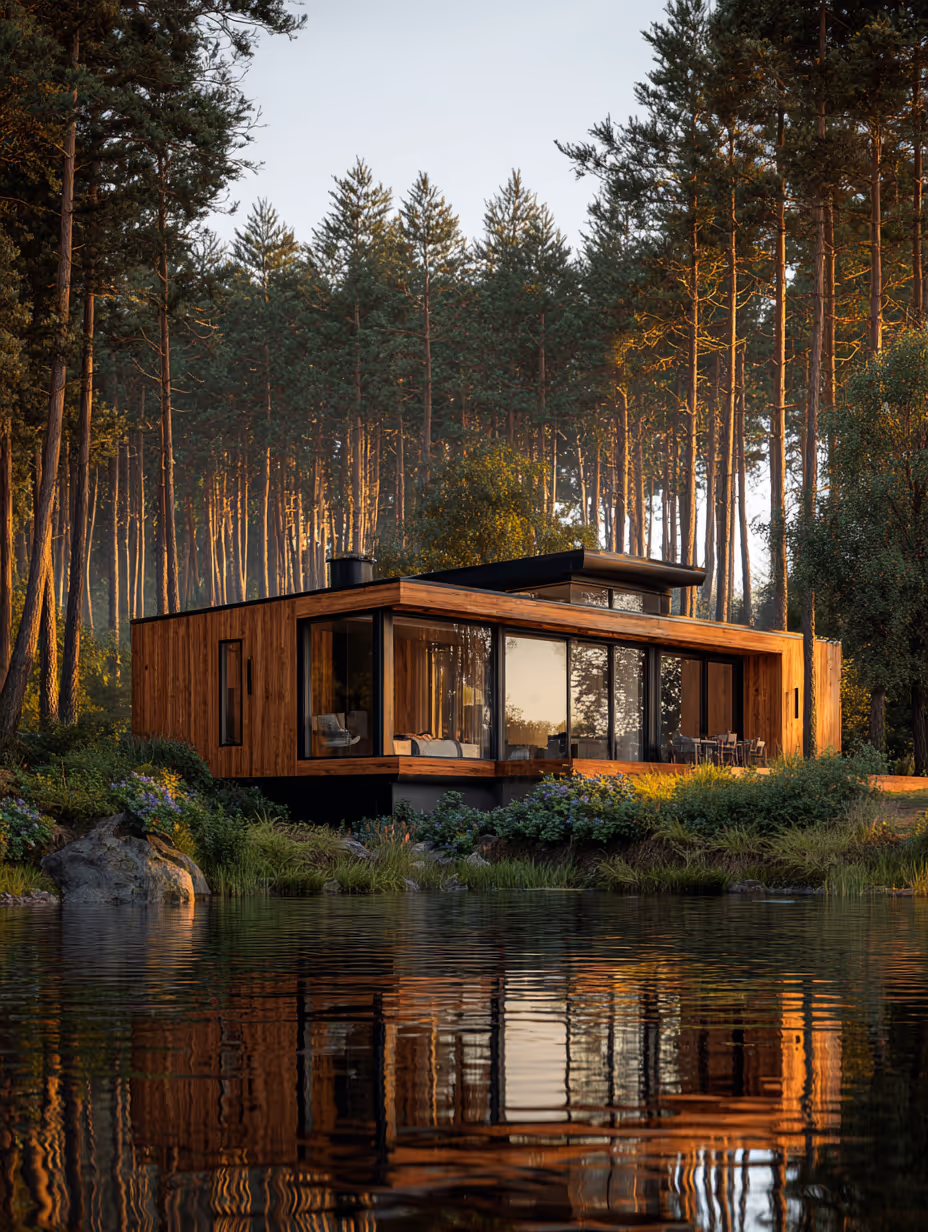 Modern timber cabin by a forest lake at golden hour