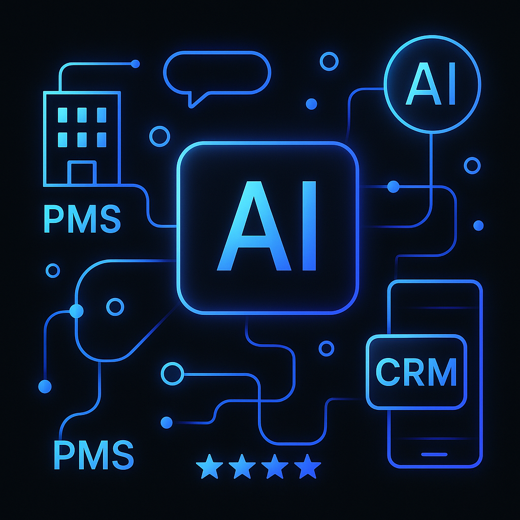 Futuristic illustration of glowing connected elements on black, symbolizing smart systems integration for boutique hospitality