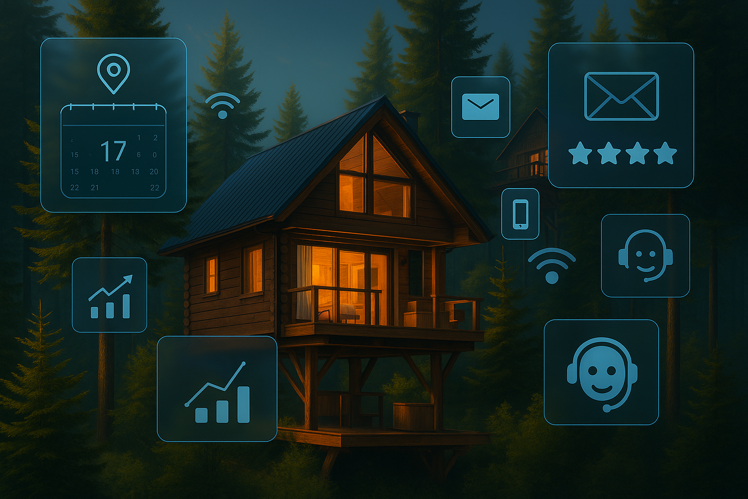 Treehouse cabin in the forest with floating interface icons for bookings, messages, and reviews.