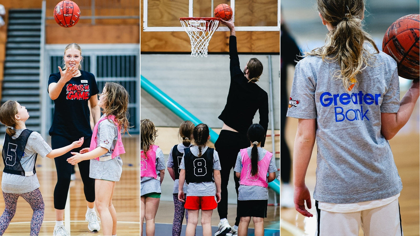 Three photos from the clinic: a coach in a Girls in the Game shirt passing to two girls, Sam Froling demonstrating a lay-up while participants watch, and a participant in a Greater Bank shirt holding a basketball.