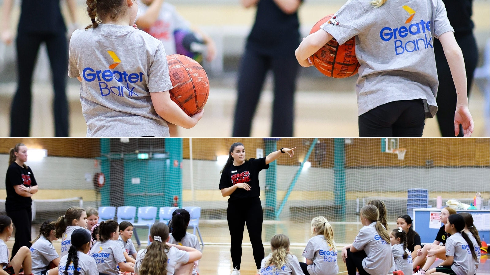 A coach in a Girls in the Game shirt giving instructions to a large group of girls sitting on the court in Greater Bank shirts.