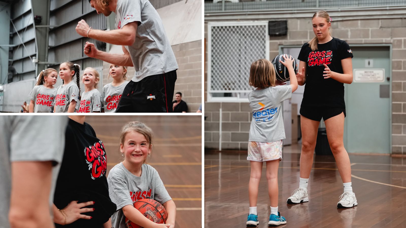 Three photos from the Girls in the Game clinic: Daniel Grida firing up four young girls, a smiling girl hugging a Hawks basketball beside a coach, and a female coach passing to a girl in a Greater Bank shirt.