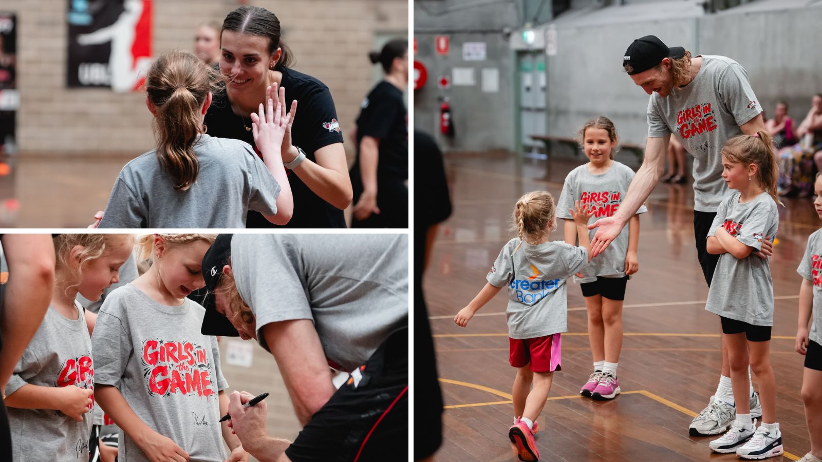 Three photos from the Girls in the Game clinic: a female coach high-fiving a young girl, Daniel Grida signing a participant’s shirt, and Daniel Grida high-fiving a girl in a Greater Bank shirt.