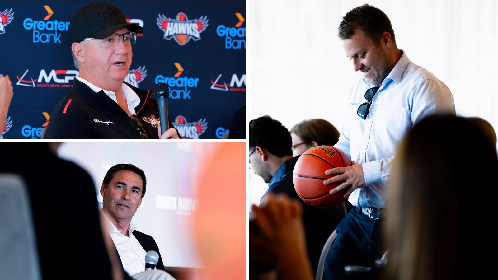 Terry Egger speaks into a microphone in front of a Greater Bank, MCR and Hawks backdrop; Paul Juergens listens during the panel; a smiling guest holds a signed Hawks basketball won as the lucky door prize.