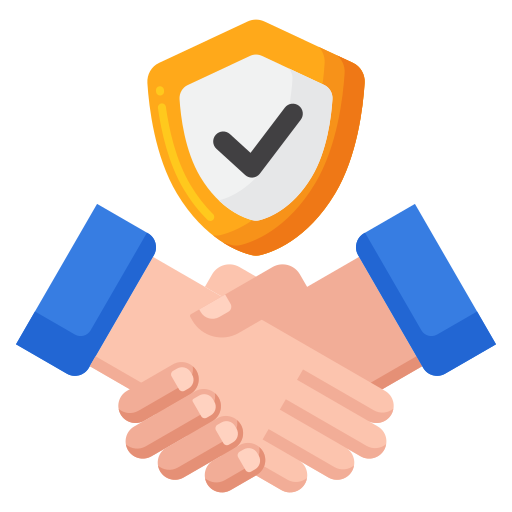 two hands shaking with a checkmark inside a shield above the handshake