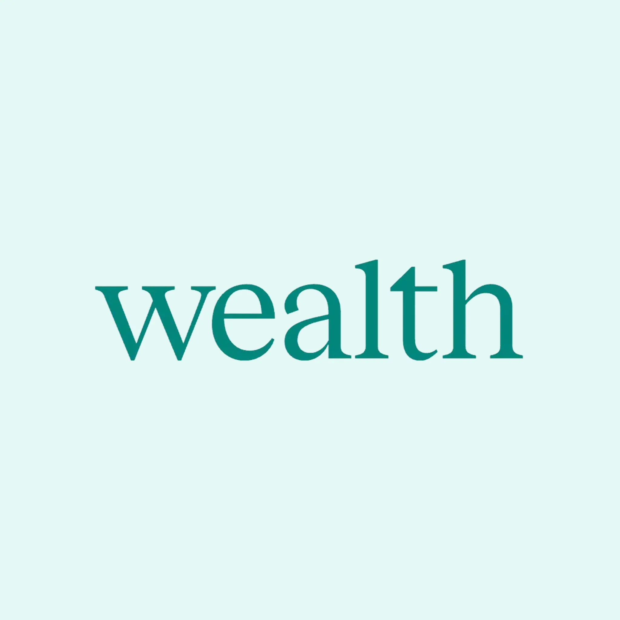 Logo with the word 'wealth' in green serif font on a light blue background.