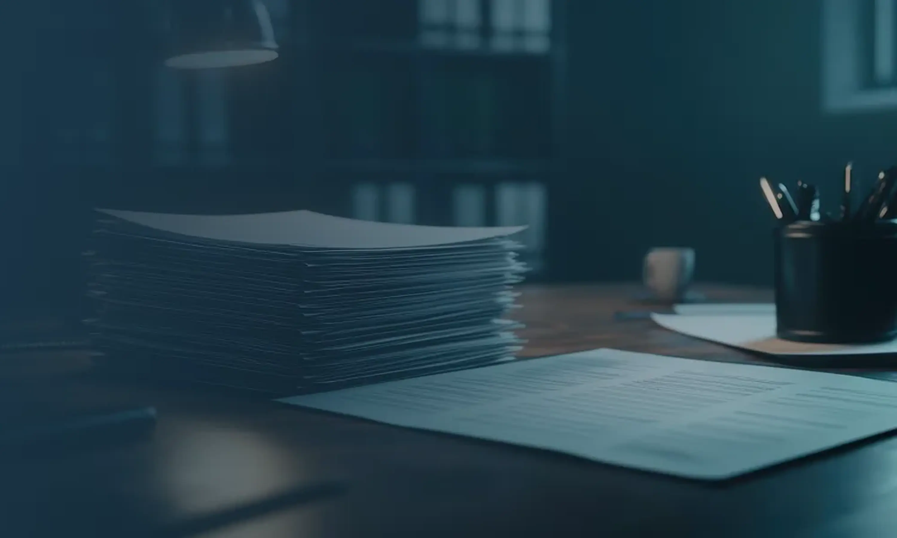 Stack of papers and a document on a wooden desk with a pen holder and coffee cup in a dimly lit office.