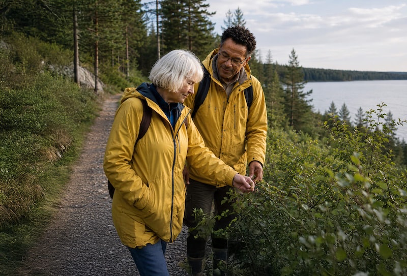 couple standing on a trail looking at leaves