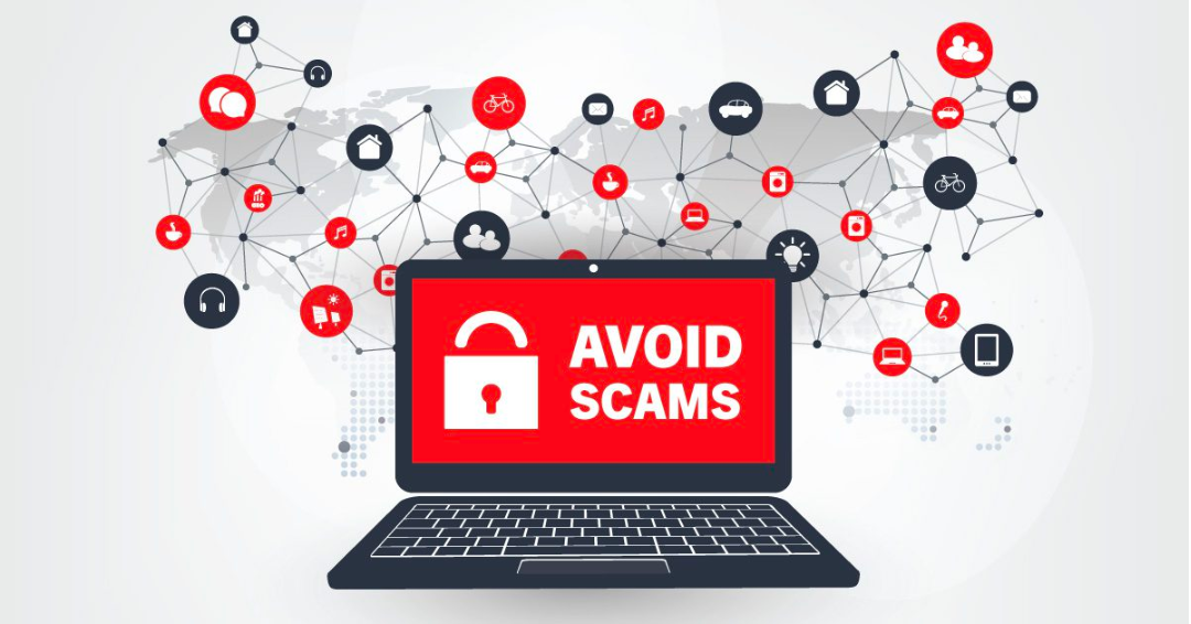 A laptop screen displays “Avoid Scams” with a security lock icon, emphasizing awareness of different types of social media scams and the importance of staying protected online.
