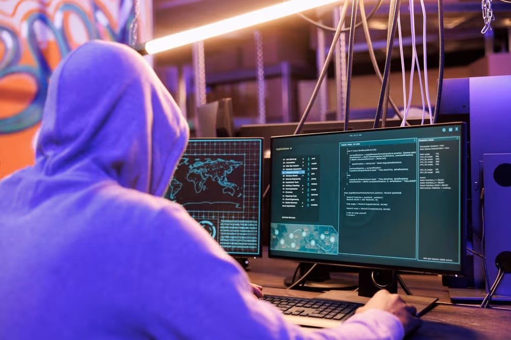 The scene highlights how hackers often power Social Media Scams by stealing data and targeting users across platforms.