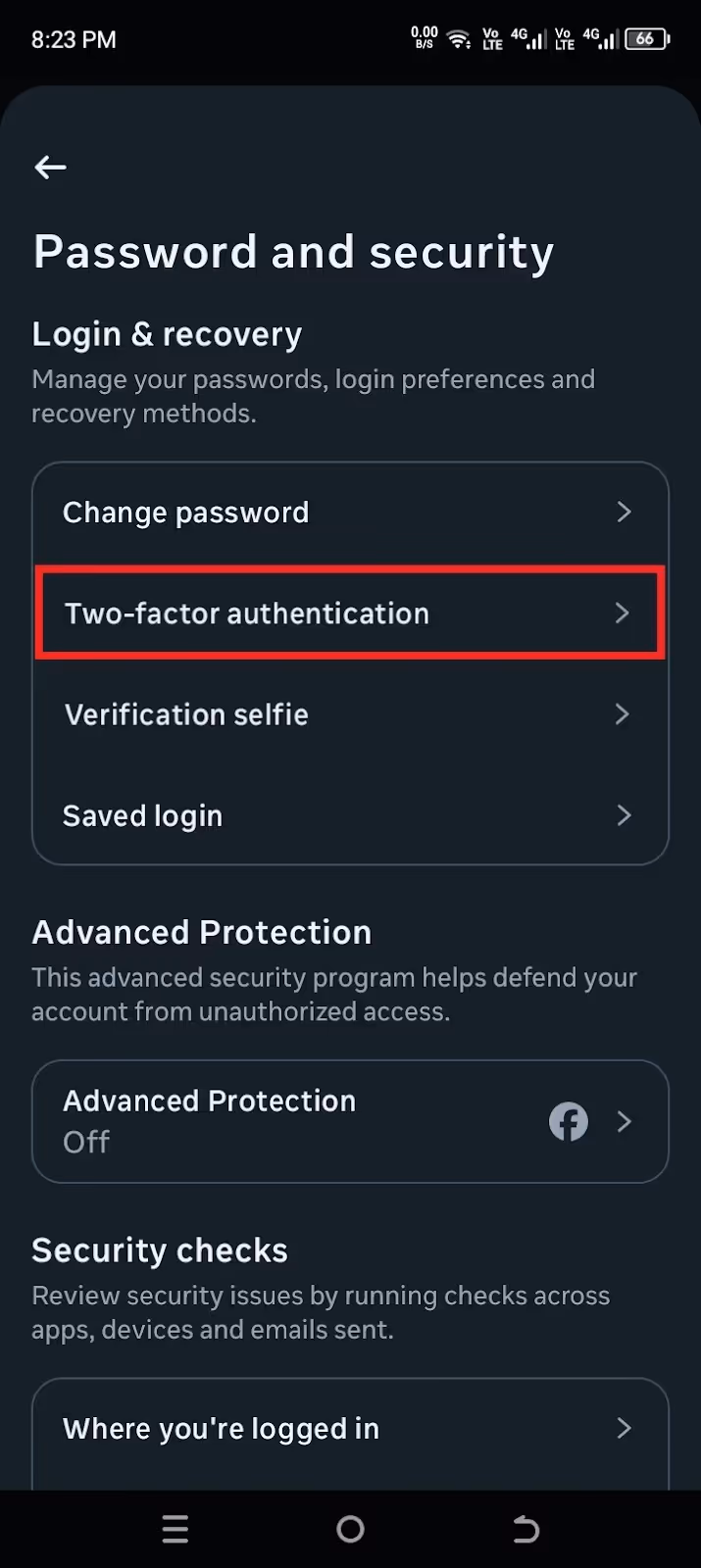 Password and security settings on Instagram