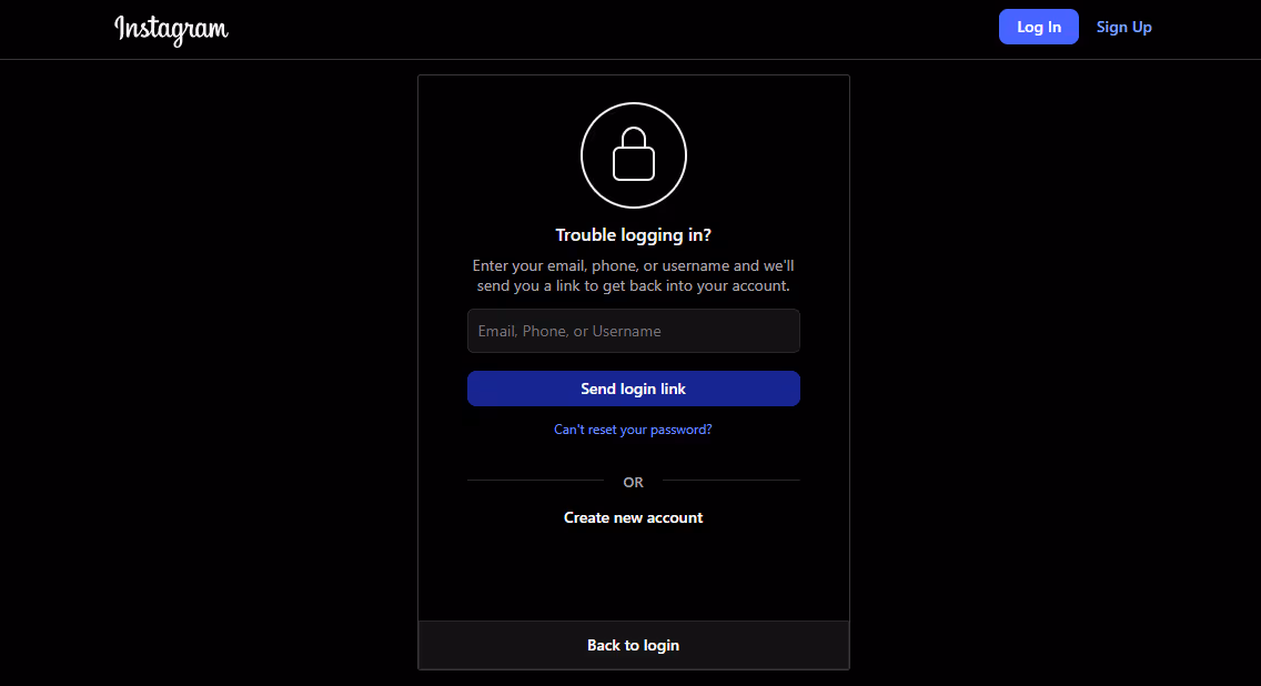 Recovery link dashboard for hacked instagram