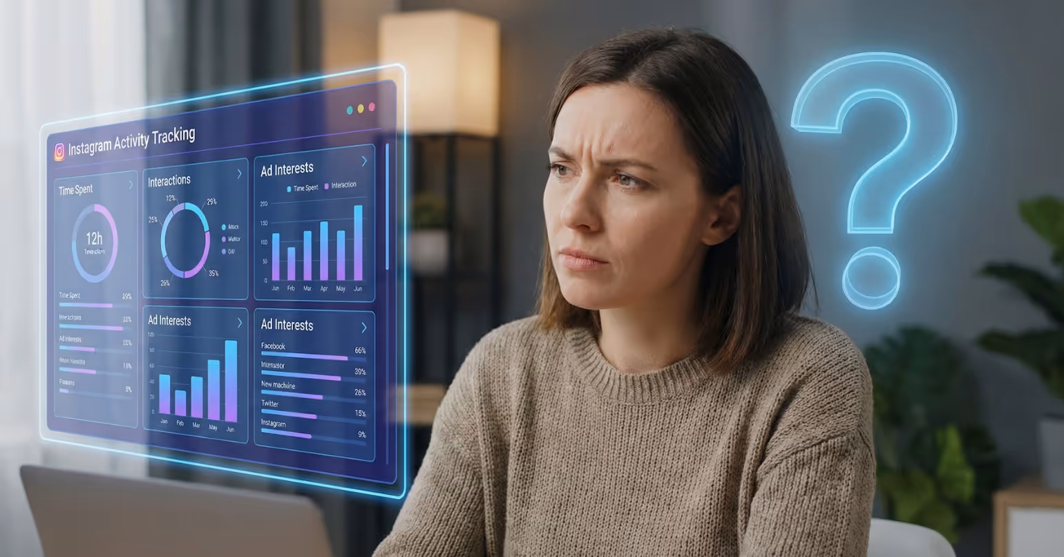 Woman analyzing Instagram activity tracking data with confusion