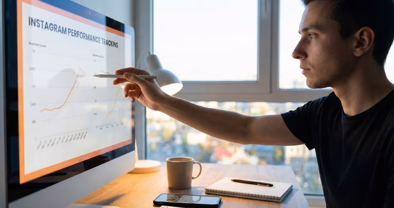 Man reviewing Instagram activity tracking performance charts on desktop