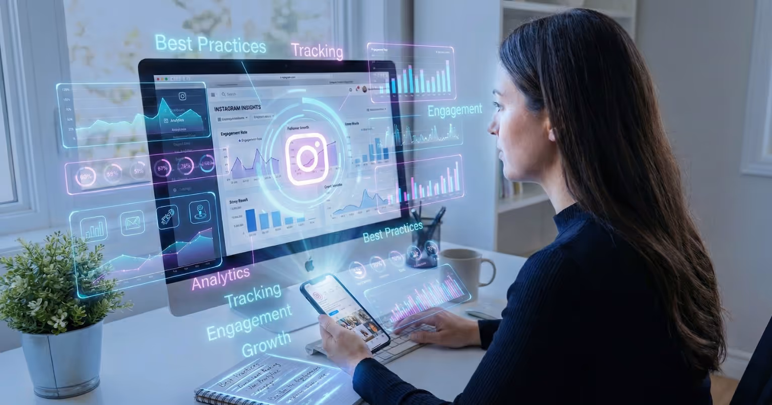 Woman working with Instagram activity tracking dashboard and phone