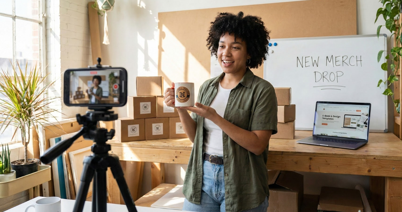 Showing how to make money on TikTok by promoting new merch drop