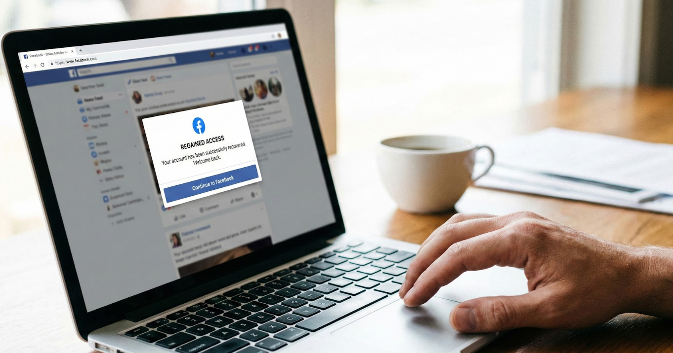 Facebook recovery message showing recovered Facebook business page