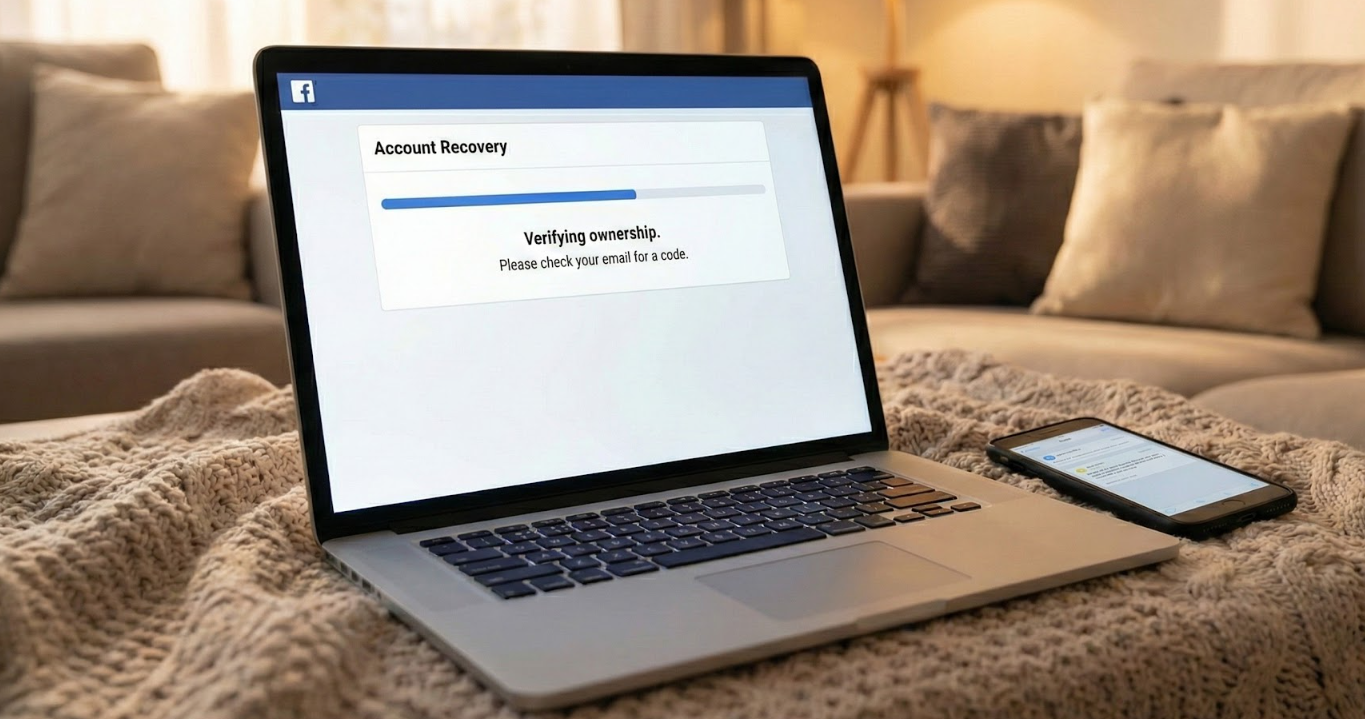 Laptop shows progress bar to recover Facebook business page