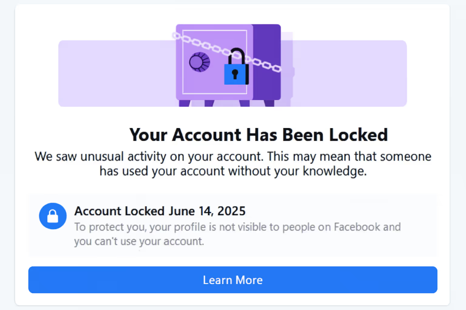 Locked Facebook account notification showing unusual activity alert.