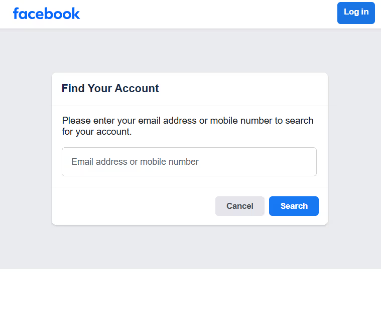 Facebook login screen asking to find your locked Facebook account by email or phone.