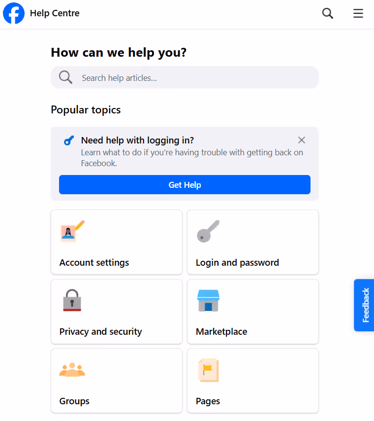 Facebook Help Centre page with login support for locked or hacked accounts.