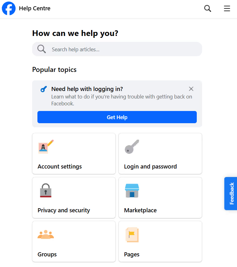 Facebook Help Centre page with login support for locked or hacked accounts.