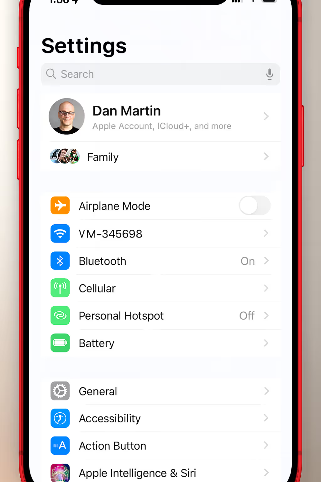  iPhone settings screen showing user profile for locked Facebook account recovery.