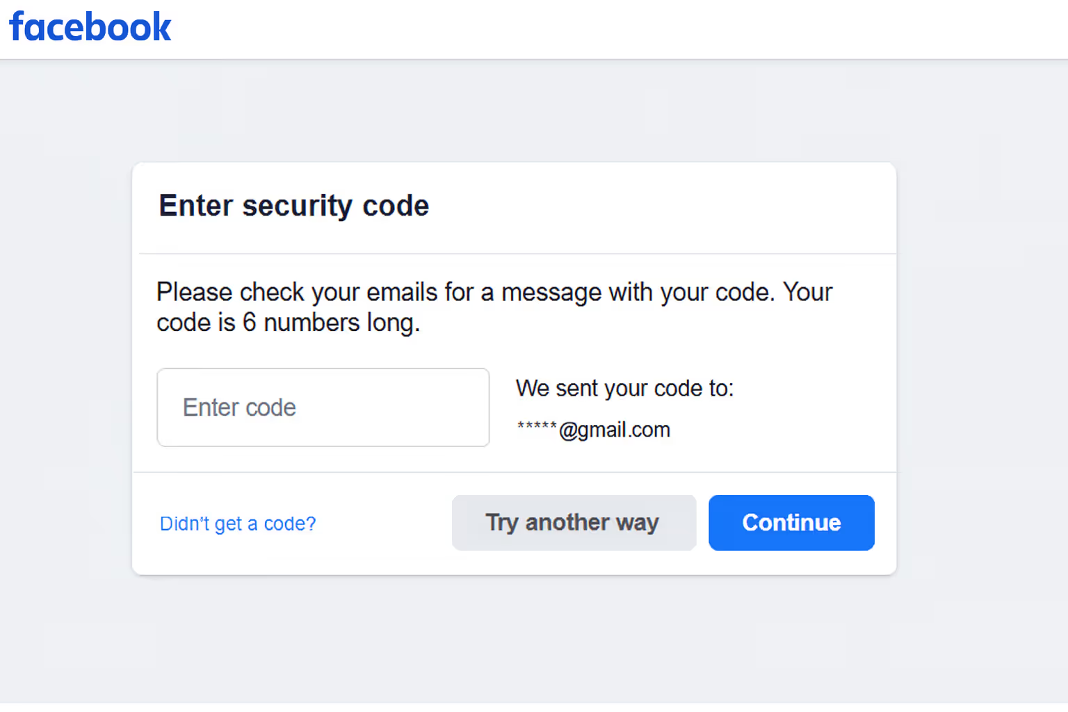Facebook security code prompt for verifying locked account access.