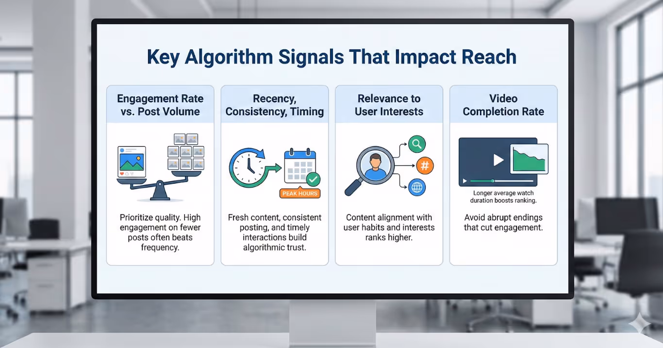 Monitor displaying factors that impact social media algorithms