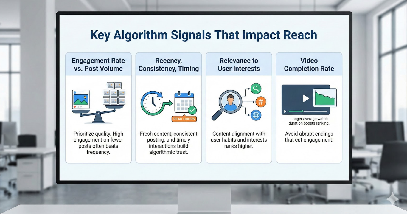 Monitor displaying factors that impact social media algorithms