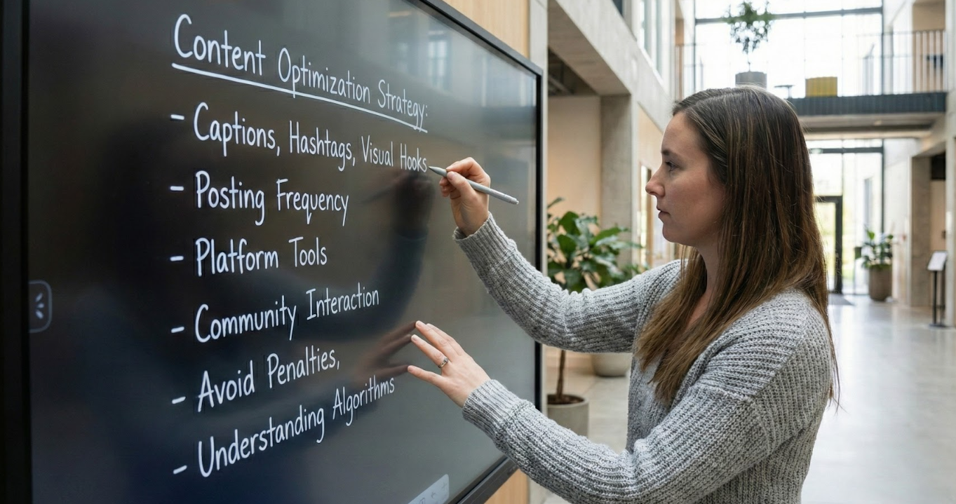 Woman writing optimization strategy for social media algorithms on digital board