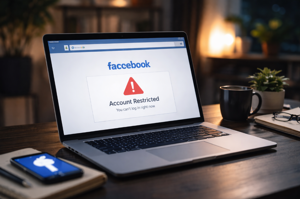 Dark desk setup with laptop displaying Facebook account restricted screen