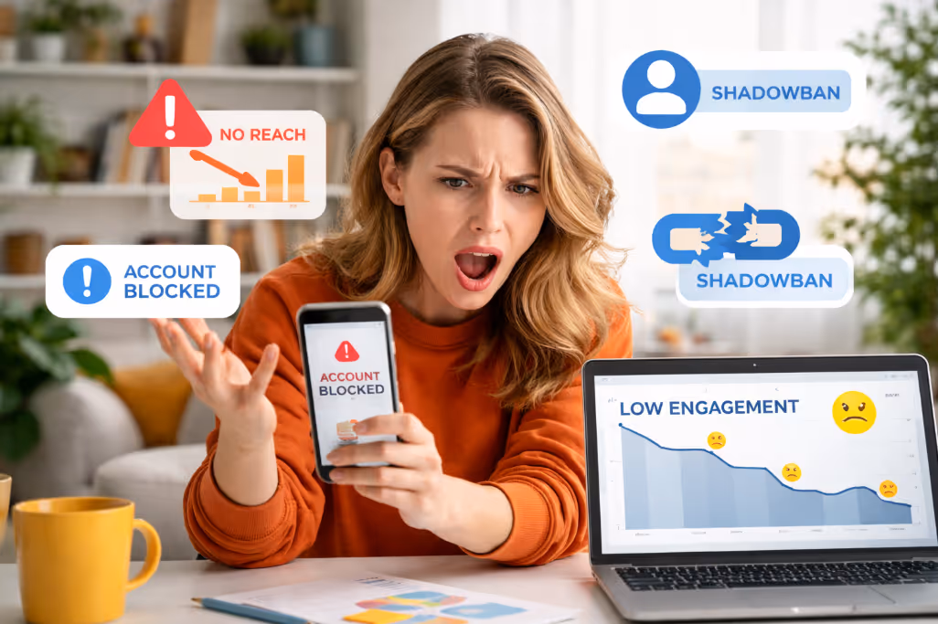 Woman upset after discovering account issues during a social media audit