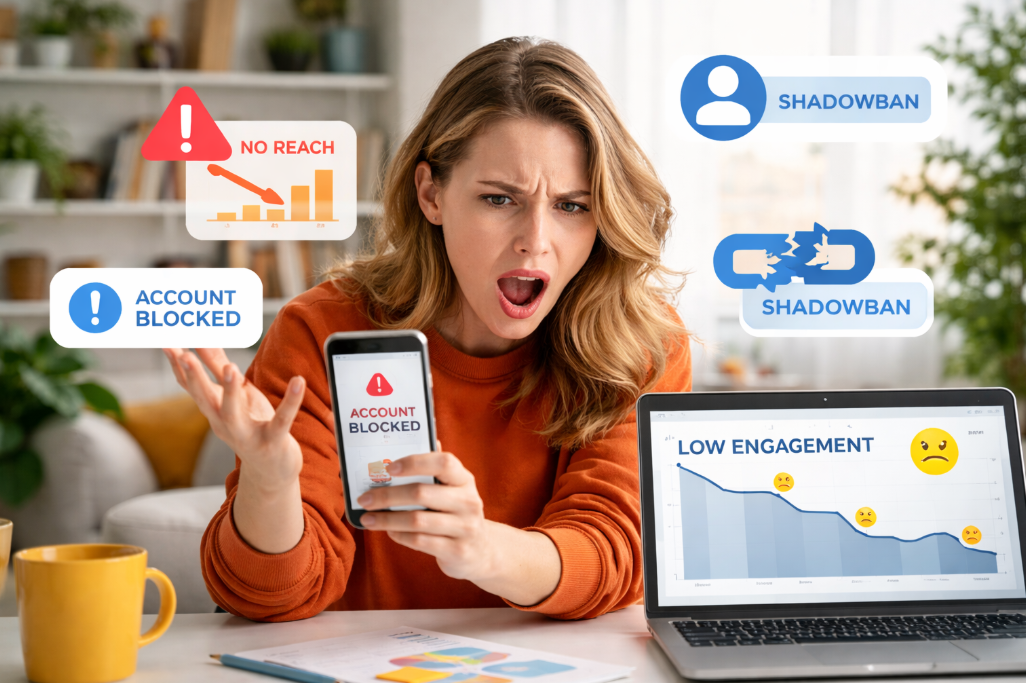 Woman upset after discovering account issues during a social media audit