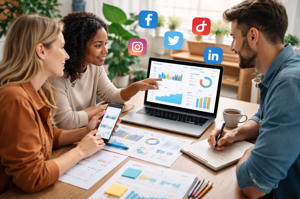 Three professionals working together on a social media audit using laptops and digital charts