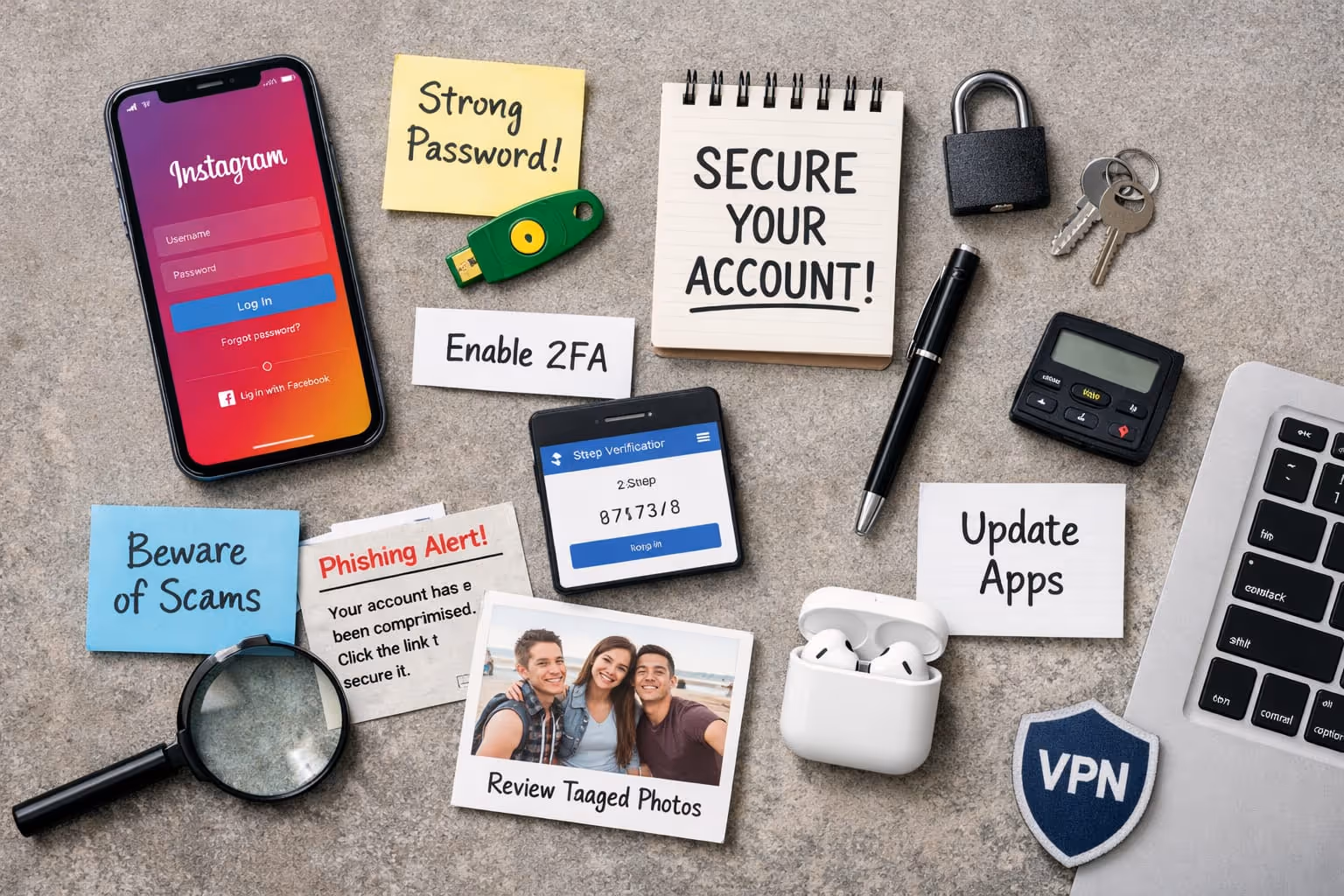 Devices and security tools on a desk.