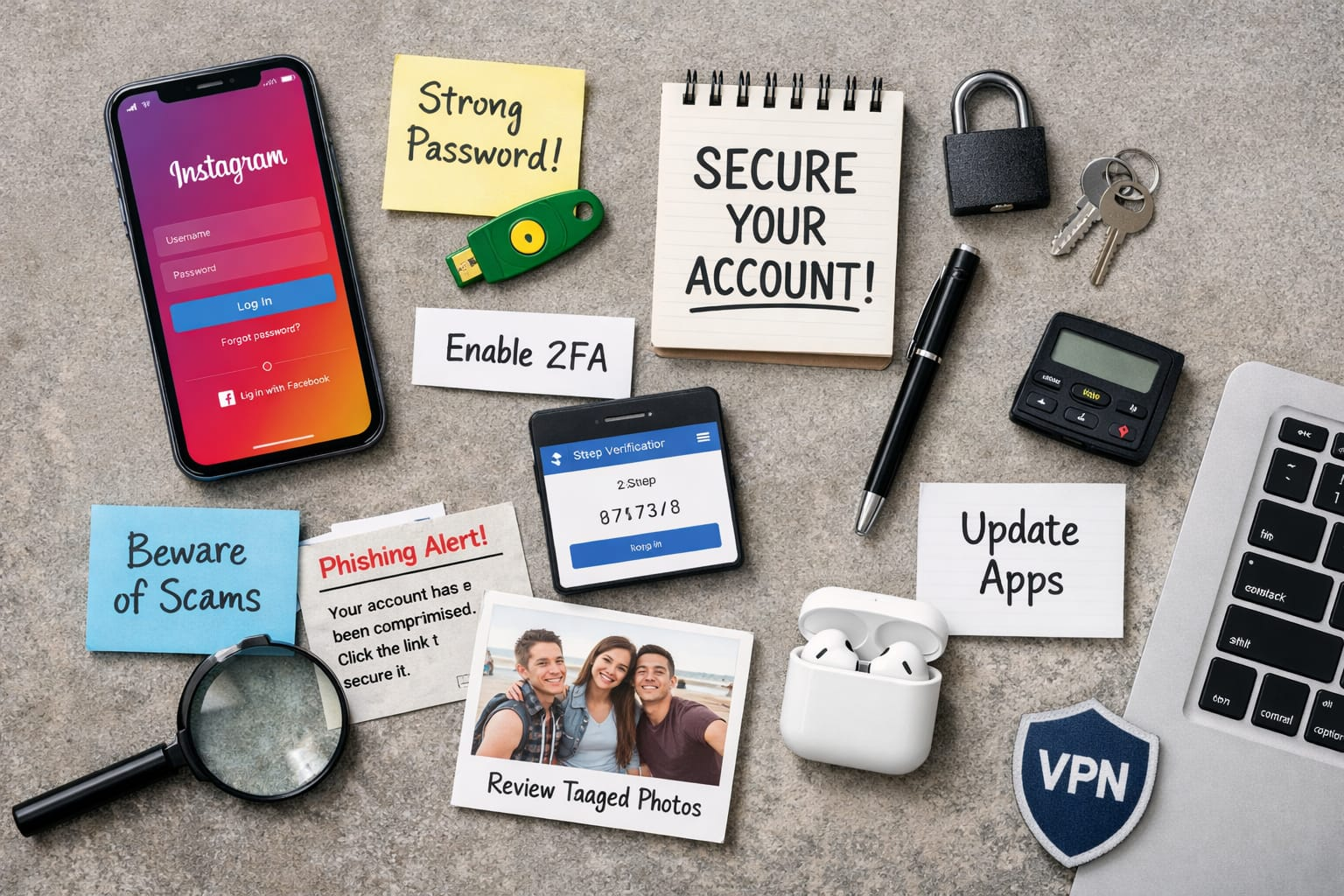 Devices and security tools on a desk.