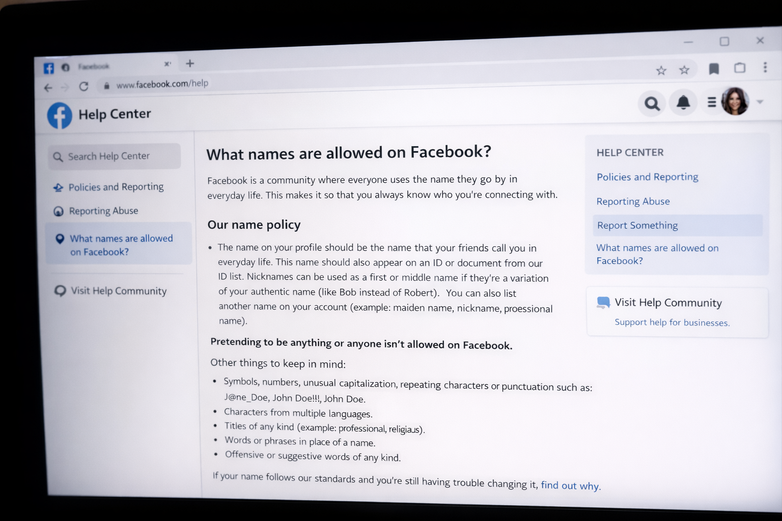 Facebook name policy page showing guidelines for changing your name on Facebook.