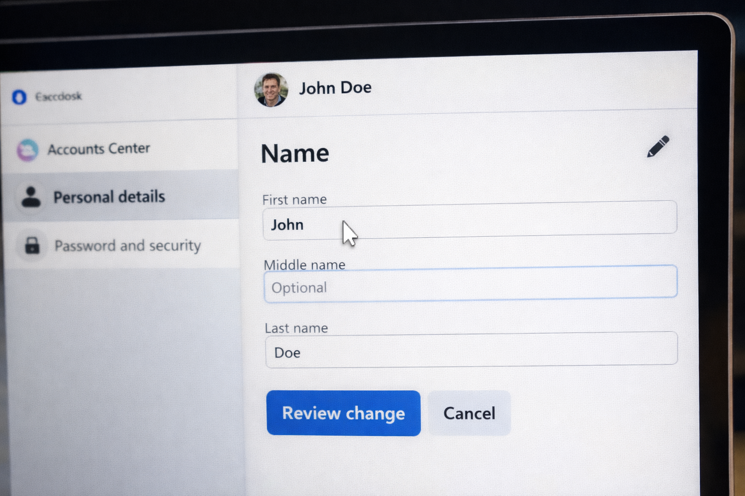 Accessing the name section for changing your name on Facebook.
