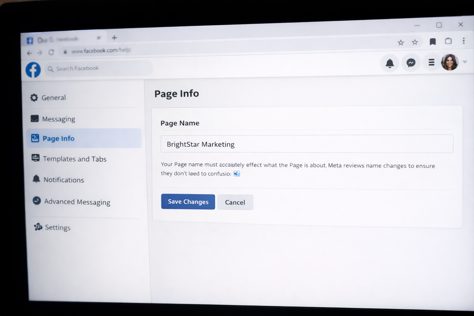 Can I change my business name on Facebook during the rebranding process?