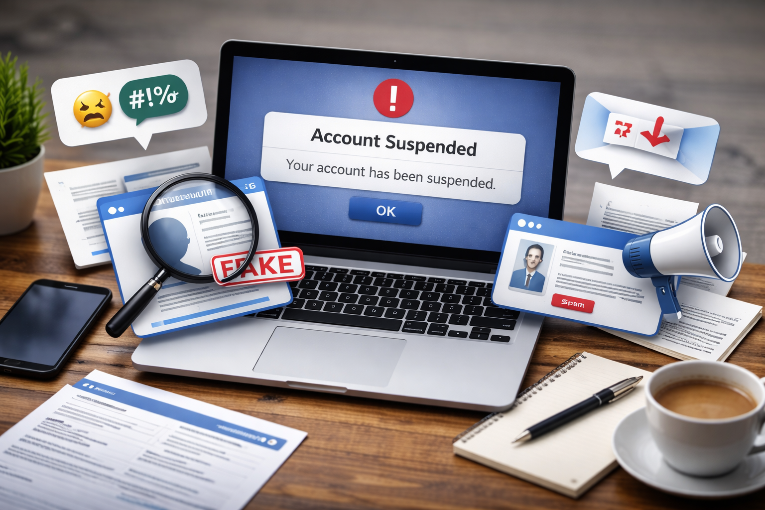 Facebook account suspension showing reasons why Facebook suspended.