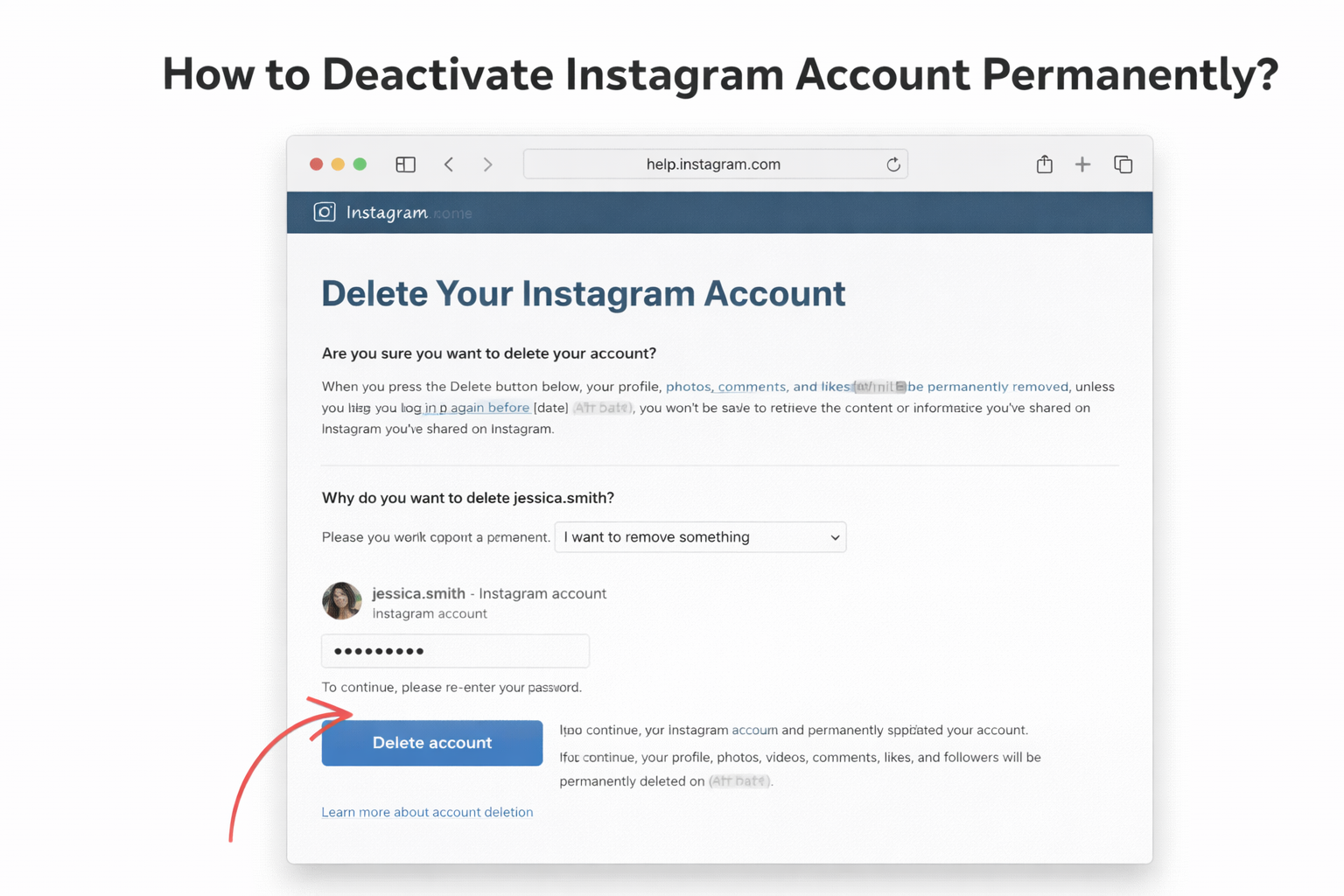 How to deactivate instagram account permanently from Instagram account deletion page?
