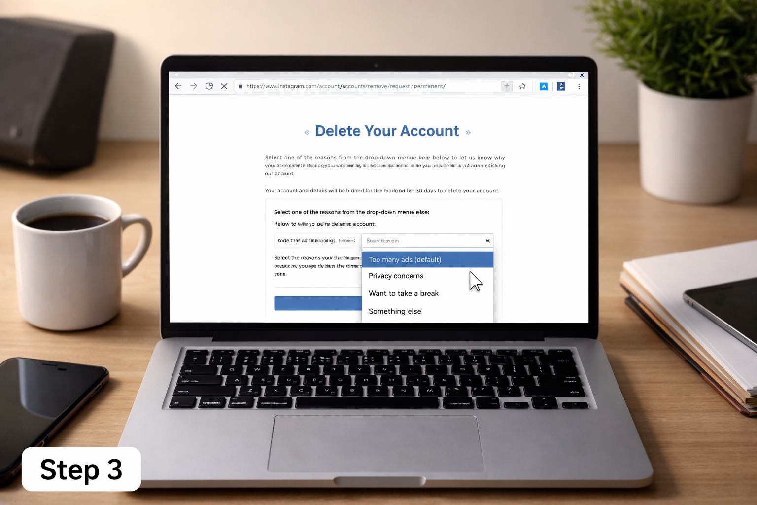 delete instagram account permanently select reason dropdown