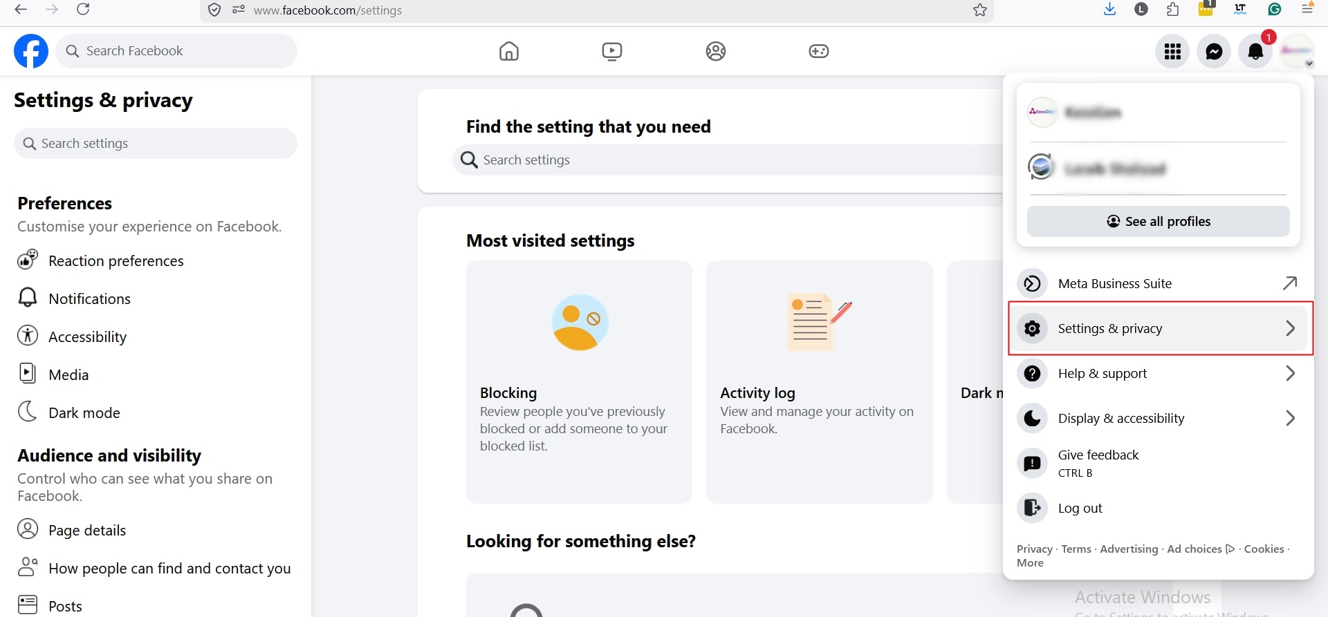 Clicking on Facebook settings & privacy menu to change business name on Facebook