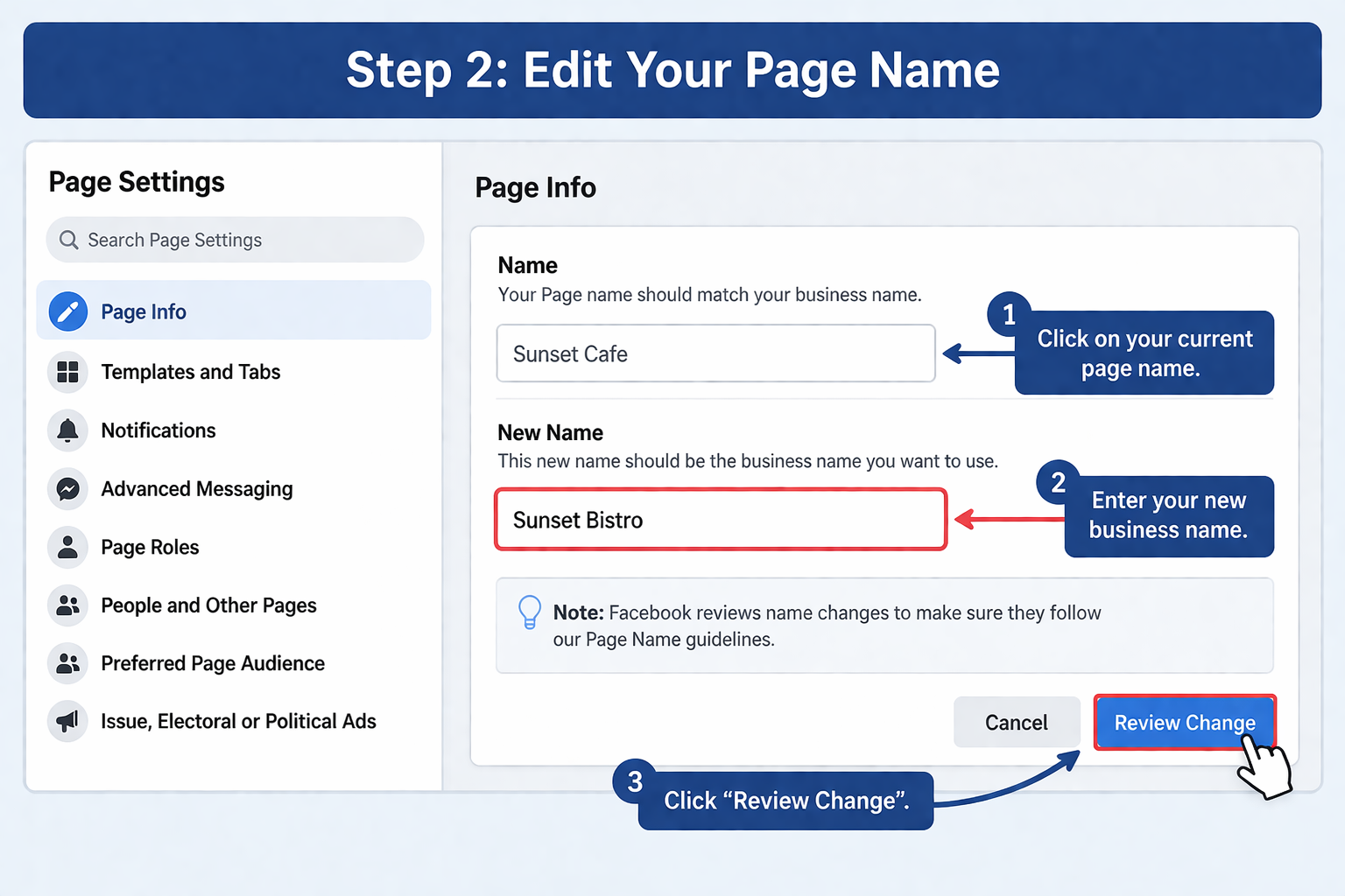 Facebook page settings showing how to edit and perform a business name change on Facebook.