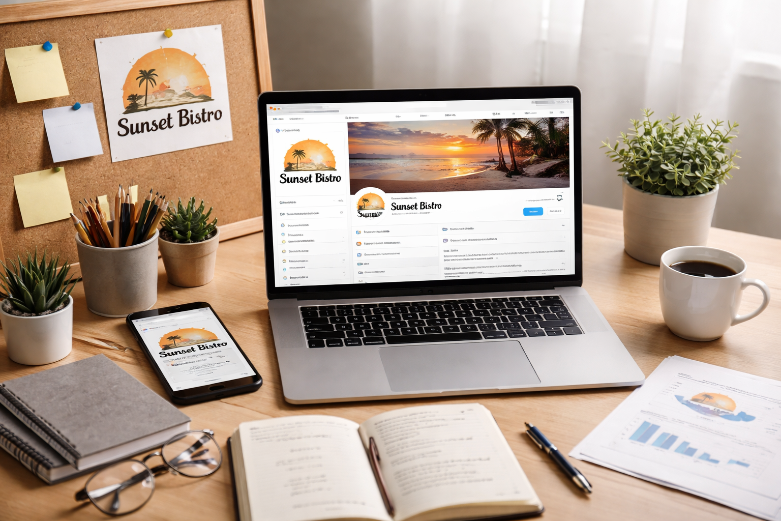 Workspace showing Sunset Bistro logo, website, and business page on devices