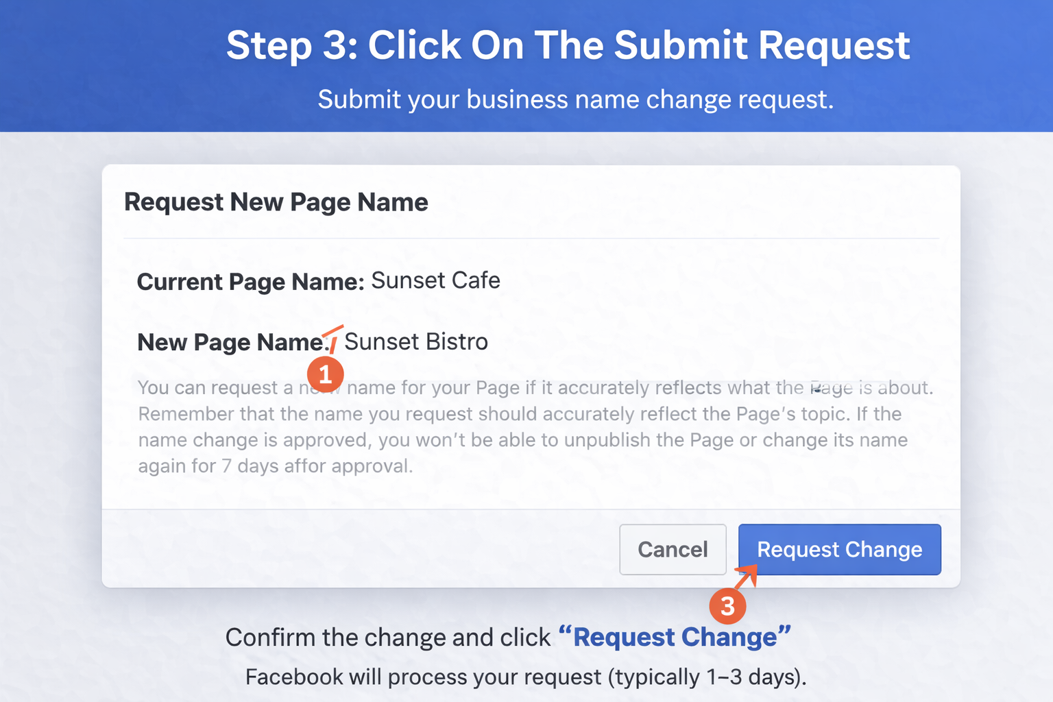 Submitting a Facebook business page name change for approval.