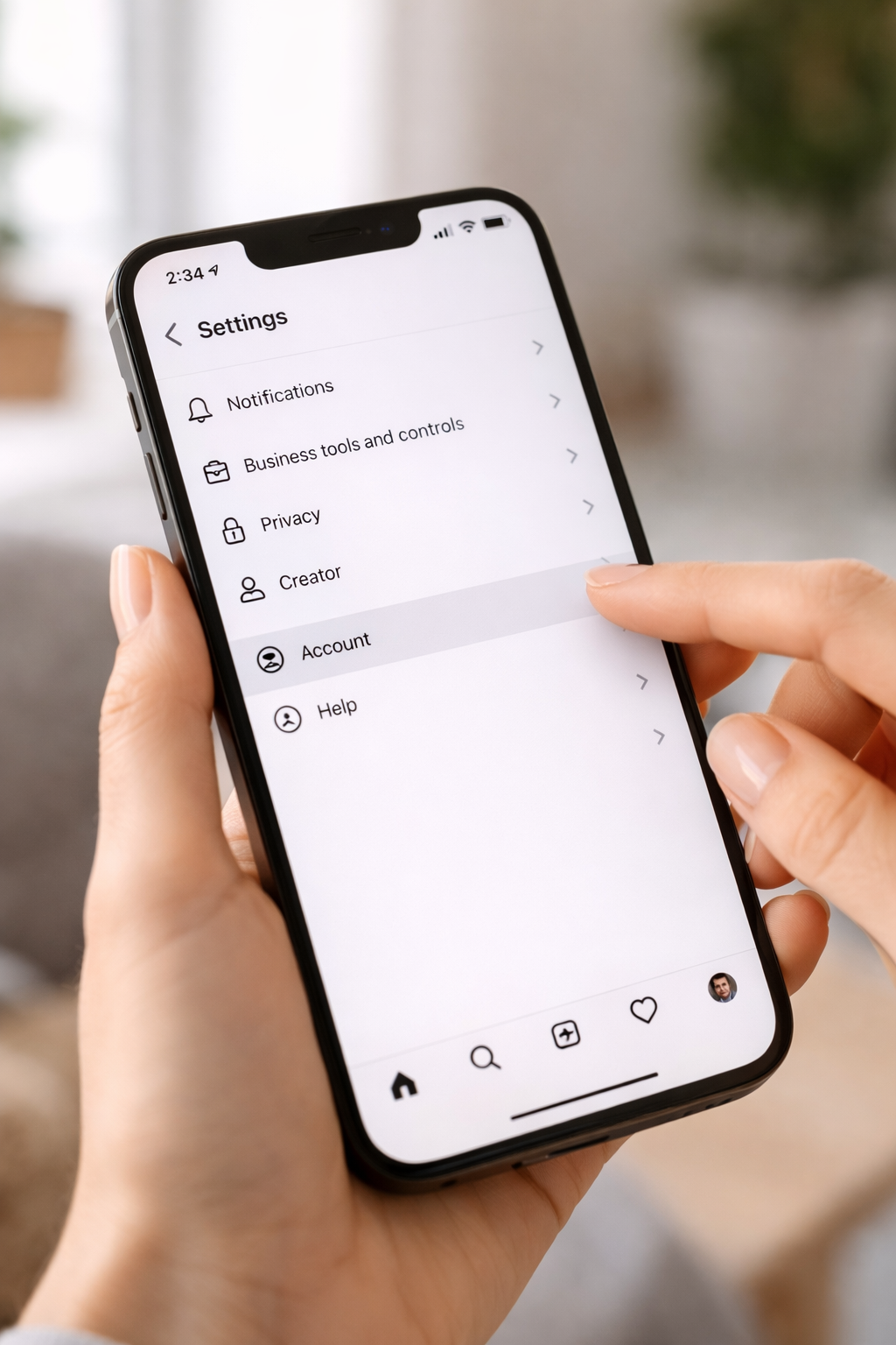 User selecting account option in Instagram settings on mobile device to change instagram from business to personal