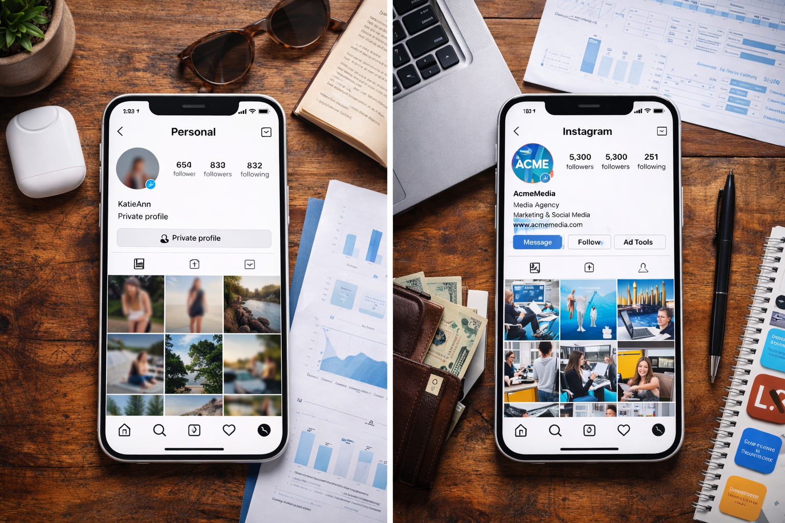 Business vs personal Instagram account comparison shown on two smartphones side by side
