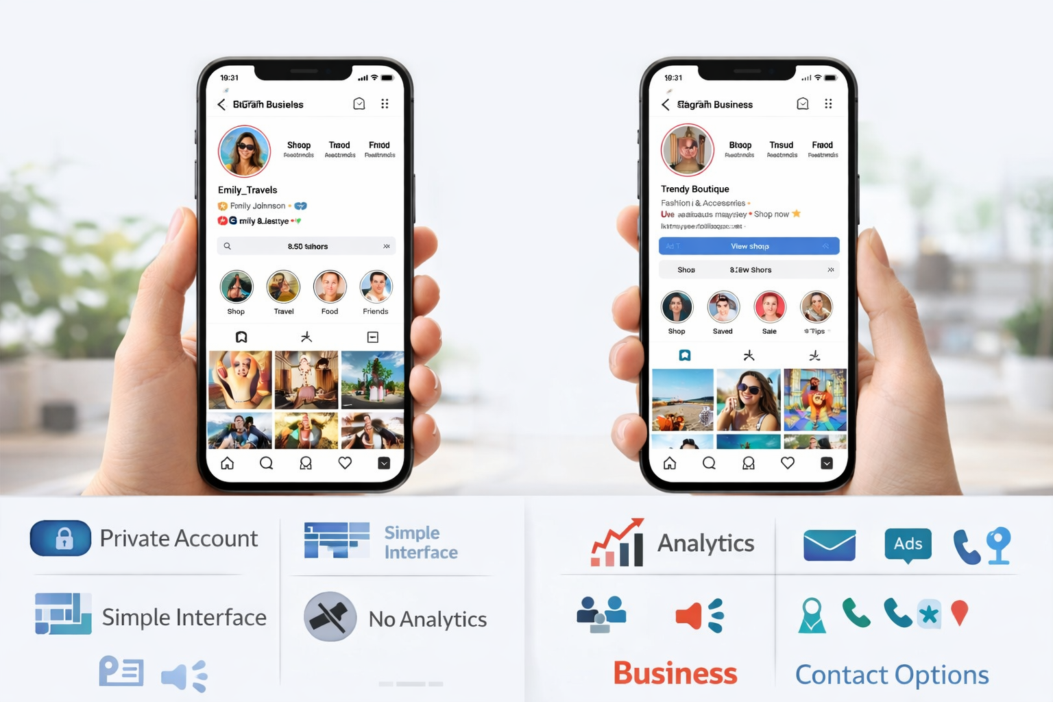 Instagram business account vs personal account visual comparison showing differences in interface and features